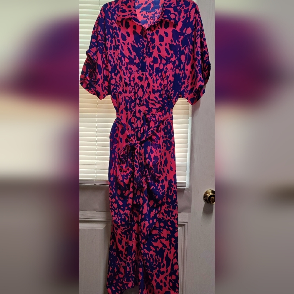 Shein Breezaya Allover Print Batwing Sleeve Belted Shirt Dress Maxi